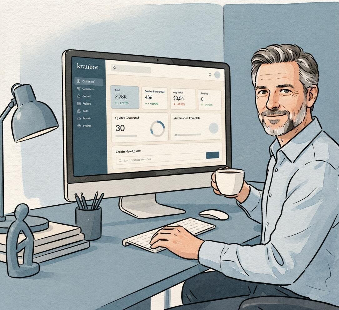 The same business owner relaxed with a coffee, looking at a clean Kranbos dashboard showing quotes generated and automated tasks complete