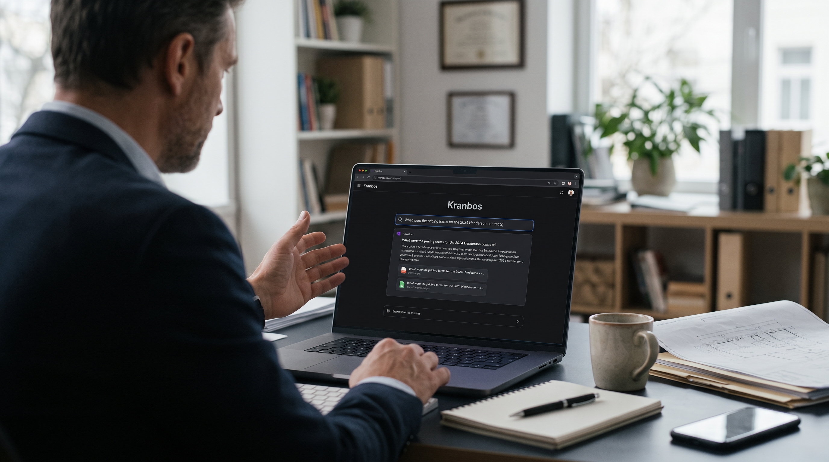A clean, dark-mode software interface showing a search bar pulling up instant, verified results from a company's internal documents.
