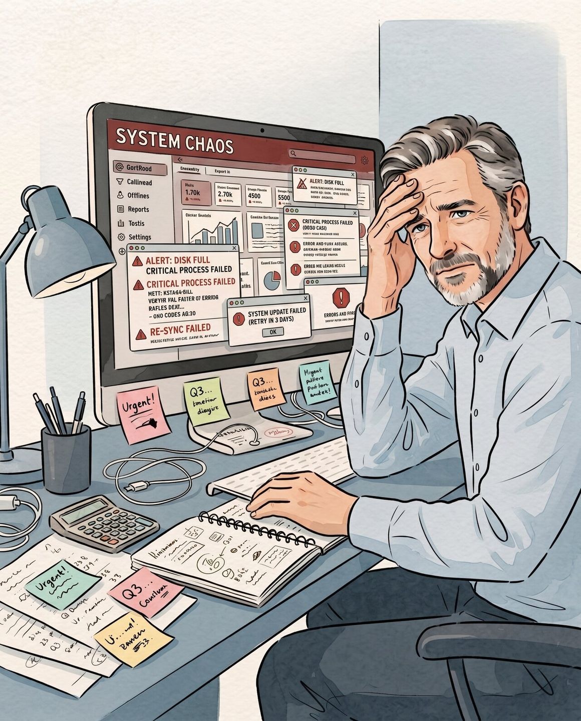 A stressed business owner at a cluttered desk with messy spreadsheets, scattered papers, and sticky notes